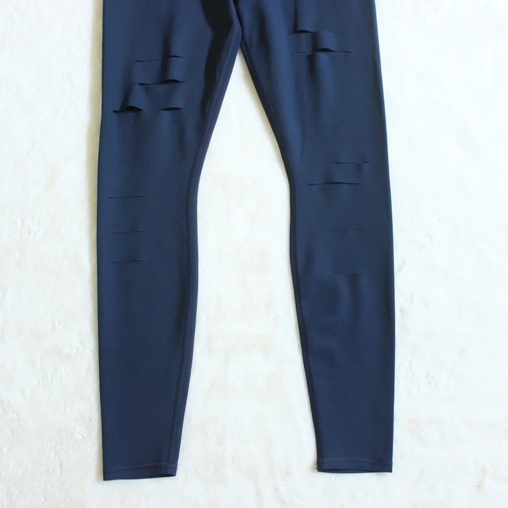 ALO Yoga High Waisted Ripped Warrior Navy Leggings